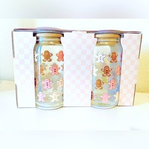 🎄Peppermint & Pine Glass  Gingerbread Sippers Set of 2 With Lid straw Christmas